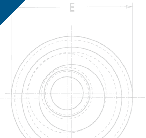 Technical drawing of a circular mechanical component. Key Entities: Concentric circles, dashed lines indicating internal or hidden features, and a horizontal dimension line labeled with the letter "E". Details: The drawing shows the front view of a part, possibly a bearing or a flange, with its outer diameter marked by the dimension "E".