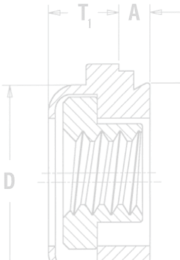 Technical diagram of a threaded component in cross-section. Key Dimensions: D: Overall outer diameter. T₁: Width or thickness of the main body section. A: Width of the smaller raised shoulder or flange. Entity Details: Threaded Inner Core: Shows internal screw threads and cross-hatched sections indicating a solid material. Outer Shell: Surrounds the inner core on three sides. Shoulder/Flange: Distinct stepped feature on the upper right side.