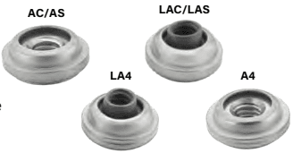 The image displays four types of circular aerospace fasteners: AC/AS: Standard non-locking fastener. LAC/LAS: Locking fastener with a dark-colored insert. LA4: Locking thread version with a dark insert. A4: Non-locking thread version.