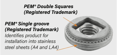 PEM® Double Squares: Registered trademark feature located on the top inner rim of the fastener. PEM® Single groove: Registered trademark feature on the outer side wall; identifies products for installation into stainless steel sheets (A4 and LA4 types. Fastener Type: Circular threaded insert with a knurled base and specialized identifying marks.