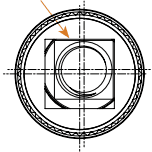 Technical diagram showing a top-down view of a mechanical component: Central feature: A circular opening housed within a square element. Housing: Outer concentric circles with a serrated or threaded ring detail. Float specification: An orange arrow points to the internal square, corresponding to text indicating a float of .015”/0.38 mm minimum in all directions from the center (.030”/0.76 mm total. Alignment: Horizontal and vertical centerlines intersect at the midpoint of the component.