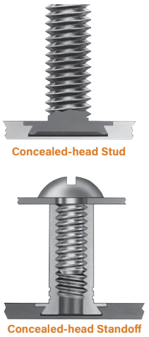 The image illustrates two types of concealed-head fasteners installed in a panel: Concealed-head Stud: A threaded fastener with its base embedded into a blind hole, leaving the opposite side of the panel flush. Concealed-head Standoff: A hollow, internally threaded fastener embedded into a blind hole, shown here with an external screw threaded into it to secure a second panel.