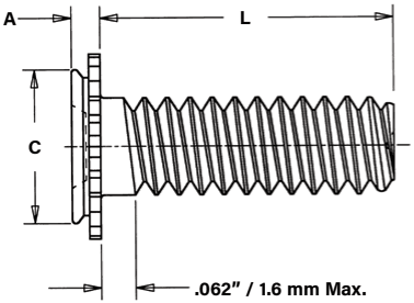 Technical diagram of a CHA™, CFHA™, CHC™, and CFHC™ aluminum or stainless steel stud. Key Dimensional Details: L: Overall length of the threaded section. A: Thickness of the head/flange. C: Diameter of the head/flange. .062" / 1.6 mm Max.: Maximum width of the unthreaded shank/undercut area below the flange.