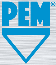 The image is a blue logo for the brand PEM®. It features the letters "PEM" in a bold, block font above a downward-pointing triangle outline. The logo is set against a light gray background with a horizontal brushed metal texture.
