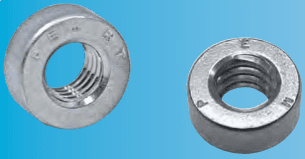 Product: PEM® brand self-clinching nuts. Features: Internal threading, metallic finish, "PEM" branding stamped on the face. Application: Permanent installation in aluminum, steel, or stainless steel sheets.