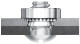 Entity: Self-clinching nut installed in sheet metal. Key Information: Installation Process: A parallel squeezing force is applied to the head of the nut once placed in a pre-sized hole. Mechanical Lock: The surrounding sheet metal "cold flows" into an undercut, making the fastener an integral part of the sheet. Anti-Rotation: A serrated clinching ring prevents the nut from rotating after installation. Components: Visible threaded section, serrated ring, and undercut area engaged with the metal sheet.