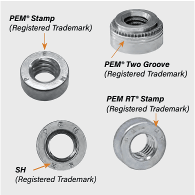 The image displays different registered trademarks used for identifying PEM self-clinching fasteners: PEM® Stamp: Identifying letters "P", "E", and "M" stamped onto the top surface of the nut. PEM® Two Groove: Two distinct horizontal grooves around the side of the fastener body. PEM RT® Stamp: "RT" letters stamped onto the top surface of the nut. SH: An "SH" stamp located on the rim of the fastener.