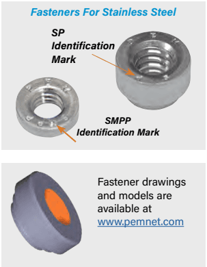 Topic: Fasteners for Stainless Steel Key Entities: SP Fastener: Features an "SP Identification Mark" (small circular indentation on the rim. SMPP Fastener: Features an "SMPP Identification Mark" (small circular indentation on the rim. Resource: Fastener drawings and models are available at www.pemnet.com.