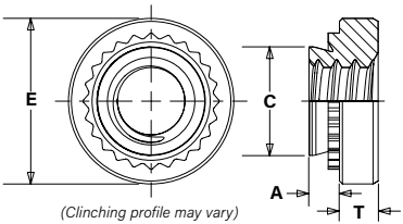 Technical diagram of a clinch nut with two views: Left (Plan View: Top-down view showing a circular nut with a serrated/knurled clinching profile. E: Overall diameter. Right (Section View: Side cross-section showing internal threading and profile. C: Diameter of the clinching feature. A: Depth of the clinching pilot. T: Thickness of the nut body. Note: "(Clinching profile may vary" indicating potential manufacturing differences.