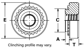 Technical drawing of a clinch nut featuring the following dimensional parameters: E: Flange outer diameter C: Pilot/clinching diameter A: Clinching feature height T: Total nut thickness Note: The clinching profile design may vary.