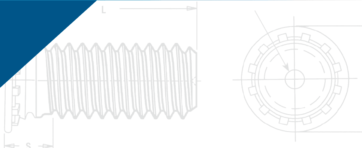 Technical engineering drawing of a threaded fastener:  Side View: Shows a threaded shaft with