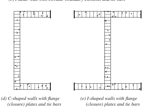 The image displays cross-sectional diagrams of filled composite plate shear walls, illustrating two