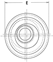 Technical drawing of a circular component cross-section: Dimension E: Represents the outermost diameter. Features: Multiple concentric and eccentric circular elements. Reference: Includes vertical and horizontal centerlines for alignment.