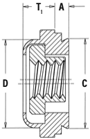 This technical drawing is a cross-sectional view of a self-clinching fastener, likely a blind nut. Key Dimensional Parameters: A: Width of the clinching/base section. T1: Overall depth/thickness of the cap portion. C: Diameter of the base/clinching interface. D: Overall external diameter of the body. Key Features: Internal Threading: Centrally located within the body. Blind Design: Features a closed cap to prevent fluid or debris ingress. Clinching Profile: Noted as variable, designed for permanent installation in sheet metal.