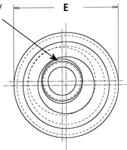 Subject: Technical engineering diagram of a circular component, likely a tube or pipe end. Key Features: Dimension E: Represents the total outer diameter of the assembly. Concentric/Eccentric Rings: Shows multiple circular layers, with an arrow pointing to an internal feature or "Formed" area. Centerlines: Horizontal and vertical dashed lines indicate symmetry and axial center. Line Styles: Uses solid lines for visible edges and dashed lines for hidden features or internal diameters.