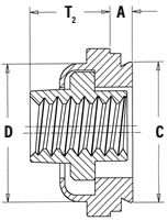 Technical cross-section diagram of a clinching fastener with the following dimensional labels: A: Thickness of the clinching base/flange. C: Outer diameter of the base. D: Outer diameter of the body/housing. T₂: Length/depth of the threaded internal component. Key Features: Internal threads, multi-piece assembly, and cross-hatched sections indicating a metal component.