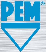 The image shows the logo for PEM®, featuring the brand name in blue block letters above a large blue downward-pointing triangle. The logo is set against a background with a horizontal brushed metal texture.