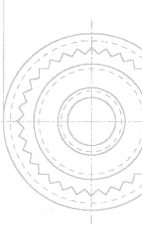 This image is a technical engineering drawing of a circular mechanical component, possibly a serrated flange or gear. It features several concentric circles, including a central bore, an inner ring with a jagged/serrated pattern, and an outer boundary. Horizontal and vertical center lines indicate radial symmetry. Several dashed circular lines likely represent reference diameters or pitch circles.