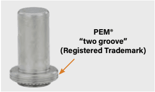 Entity: PEM® Product: Metal fastener. Key Feature: "two groove" registered trademark design, located on the fastener head as indicated by the orange arrow. Resources: Fastener drawings and models are available at www.pemnet.com.