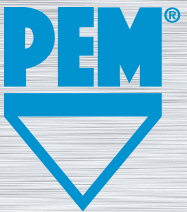Key Information: Brand Entity: PEM® (registered trademark Visual Elements: Blue block lettering, large blue inverted triangle Background: Horizontal brushed metal texture