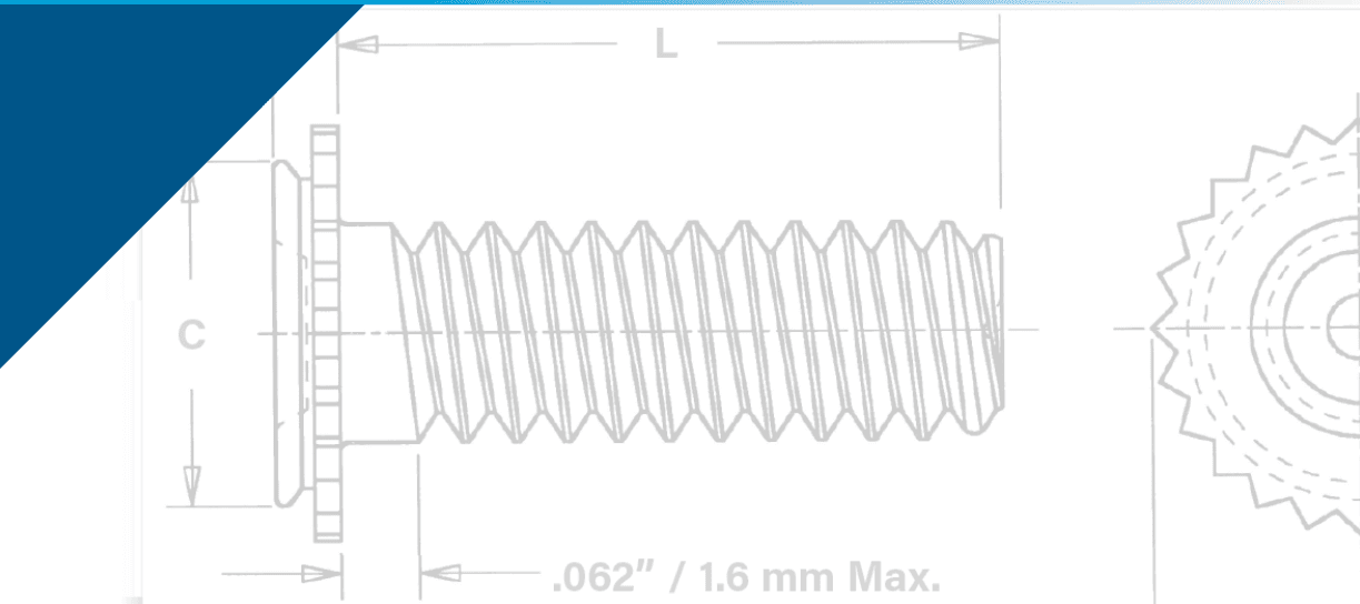 Key Information: Entity: Technical schematic of a concealed-head self-clinching stud. Dimension L: Represents the overall length of the threaded portion. Dimension C: Indicates the diameter of the clinching head. Shank Specification: Shows a maximum unthreaded shank length of .062" / 1.6 mm below the head. Design Features: Illustrates a threaded fastener with a serrated clinching base designed for permanent, flush installation.