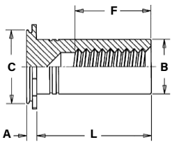 This is a technical engineering diagram of a "Style #3" threaded fastener or insert, shown in a half-sectional view. Key dimensional labels include: A: Head thickness/height. B: Outer diameter of the shank. C: Overall head diameter. F: Internal thread depth. L: Total length of the shank from under the head. Internal Detail: Shows a female-threaded internal bore.