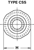 Type: CSS Component: Top view of a mechanical fastener or standoff. Features: Octagonal or fluted outer profile. Concentric circular internal features (likely threaded hole and pilot. Horizontal and vertical centerlines. Dimension: "H" indicates the width across the flats or the total width of the component.