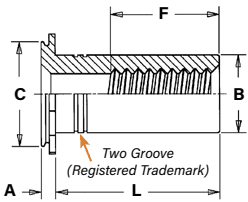 Entity: TYPE CSOS component (self-clinching standoff Key Features: Two Groove: Identifiable external marking (Registered Trademark. Internal Threads: Shown in cross-section view. Dimension Labels: A: Flange/head thickness. B: Outer body diameter. C: Flange/head diameter. F: Internal thread depth. L: Overall body length from under the head.