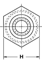 The image is a technical drawing of a hexagonal nut, viewed from the top. Key Information: Entity: Hexagonal nut with internal circular features. Dimension "H": Indicates the width across the flats of the hexagon. Detail: Shows concentric circles representing the inner threaded hole and the clinching profile.