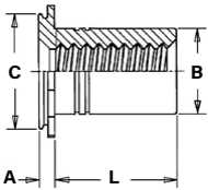 This is a technical cross-sectional drawing of a threaded clinch fastener. Key dimensions and features include: A: Thickness of the clinch head. B: Outer diameter of the threaded body. C: Diameter of the clinch profile. L: Length of the body. Internal Threads: The upper half shows a cross-section of the internal threading. Context: Dimensions are in inches; the clinching profile may vary.