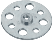 Item: Circular metal mounting plate/flange. Features: Central threaded boss/hub. Eight outer holes of varying sizes for mounting/bonding. Function: Provides effective assembly mounting on the front or back of a panel.