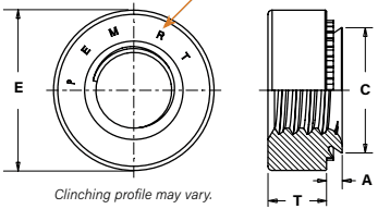 Technical drawing of a self-clinching nut with dimensions in inches. Key Entities and Dimensions: PEM RT® Stamp: Indicated on the top face of the fastener. E: Outside diameter of the fastener. C: Diameter of the pilot/clinching feature. A: Height/thickness of the clinching shank. T: Overall thickness of the nut body. Clinching profile: Note specifies that the profile may vary. Components: Includes a threaded internal hole and a knurled/clinching base for sheet metal installation.