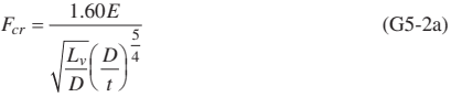 F_{cr} = \frac{1.60 E}{\sqrt{\frac{L_{v}}{D}} \left( \frac{D}{t} \right)^{\frac{5}{4}}} (G5-2a